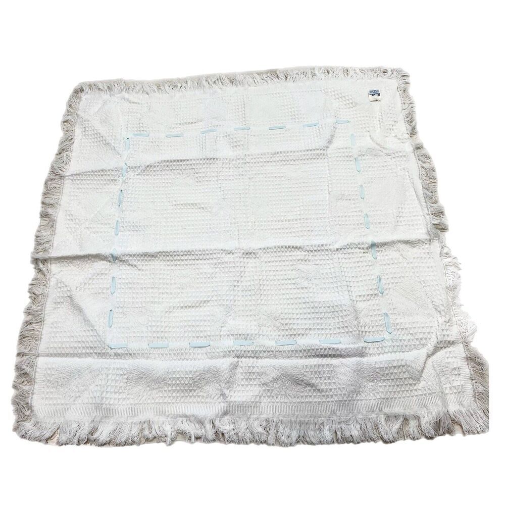 Vintage Baby Kisses Acrylic Blanket White Blue Ribbon Waffle Weave Fringe